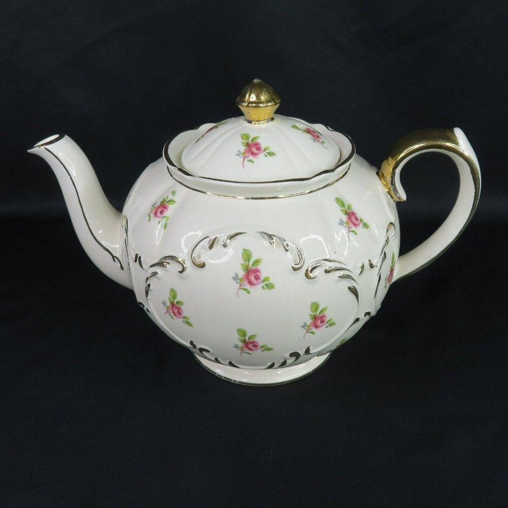 Sadler England Teapot Pink Roses with Gold Trim and Scrolls 2329 Tea Pot